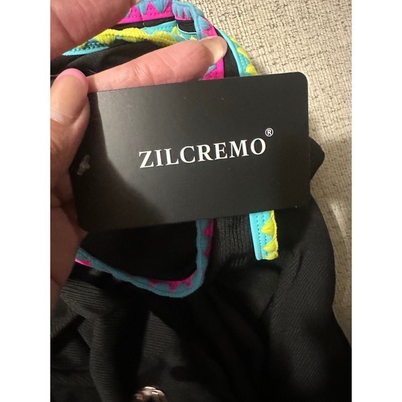 Zilcremo Swimdress Women L Black NEW Tummy Control Neon Trim Side Tie Ribbed - Picture 5 of 7